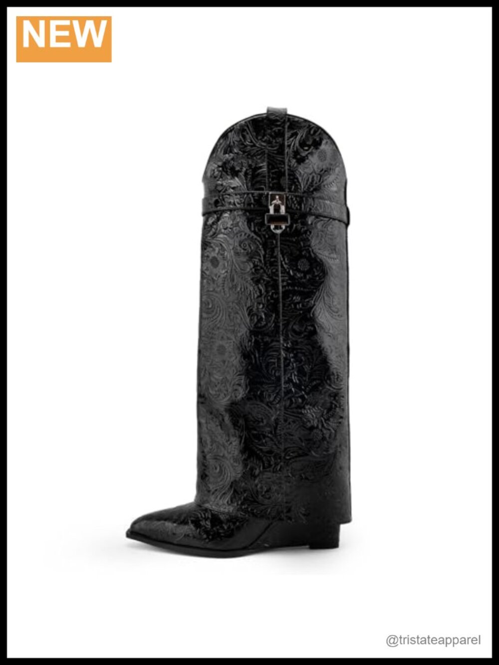 Fold Over Floral Print Knee High Wedge Heel Boots Women PU Pointed Toe